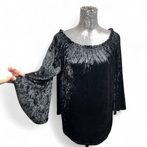 Witchy Crushed Velvet Bardot‎ Bell Sleeve Whimsigoth Black Top Large Gothic